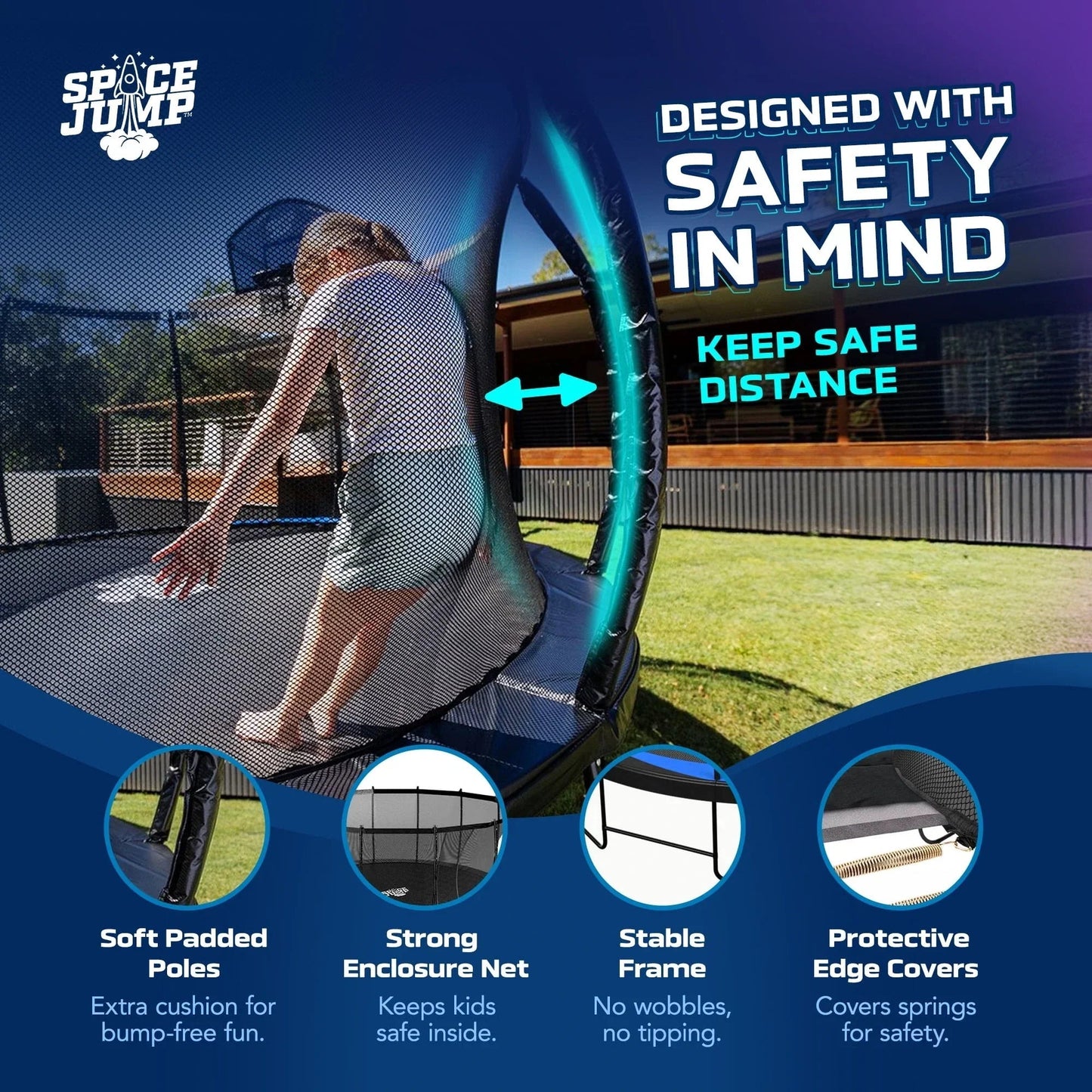 SpaceJump Lunar 16 Foot Trampoline, Outdoor Round Bouncer with Safety Net, Black