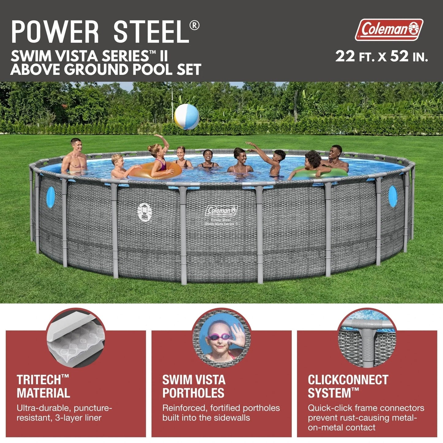 Coleman Power Steel 22’x52” Metal Frame Above Ground Pool w/ Pump, Ladder, & Cover, Gray
