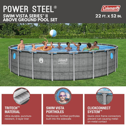 Coleman Power Steel 22’x52” Metal Frame Above Ground Pool w/ Pump, Ladder, & Cover, Gray