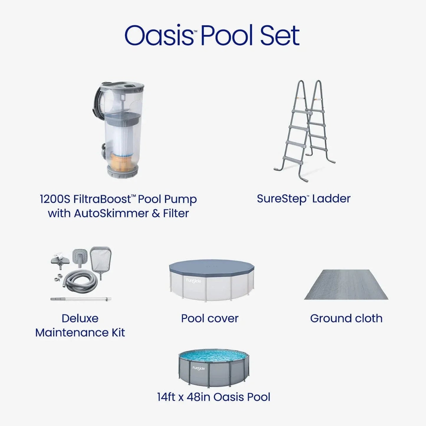 Funsicle Oasis Above Ground Metal Frame Swimming Pool Set – with FB1200S AutoSkimmer Pump, Ladder, Cover, Cloth & Deluxe Maint. Kit, 14′ x 48″, Round, Gray