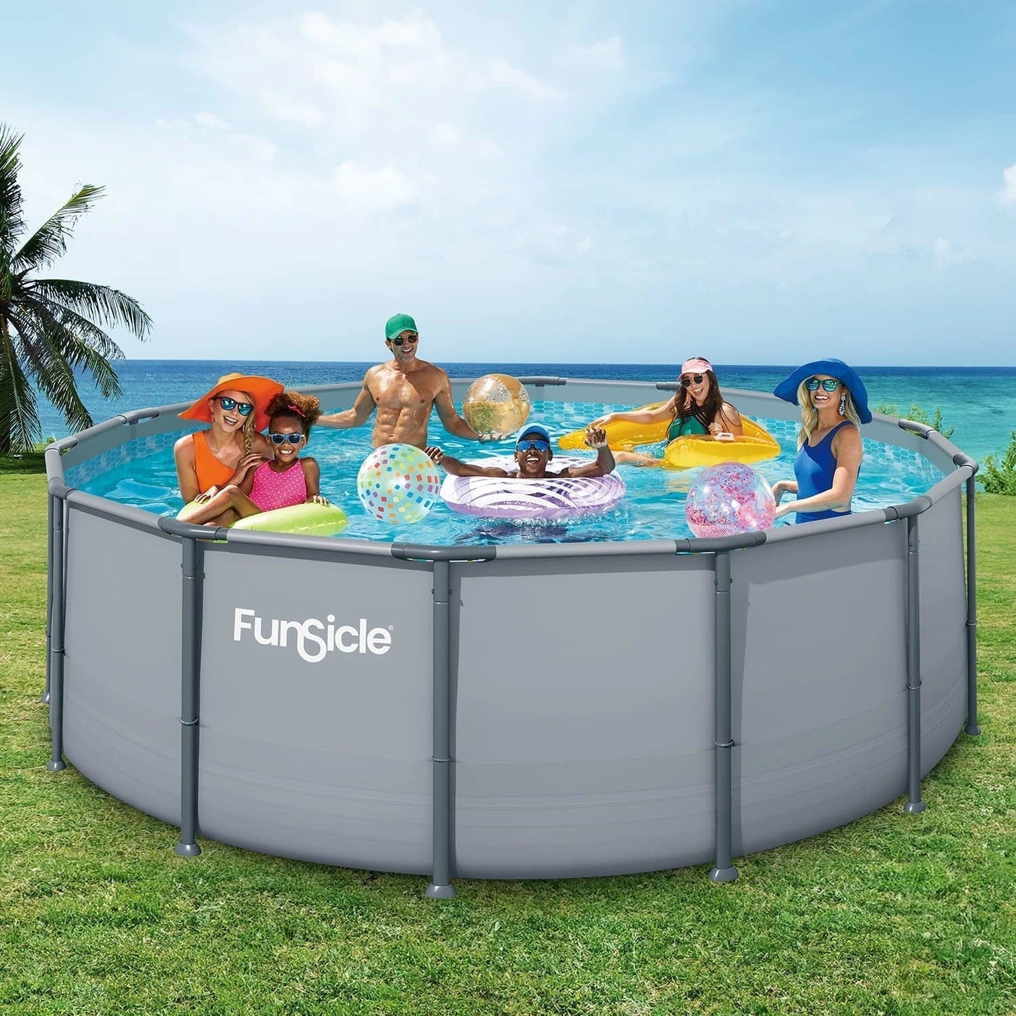 Funsicle Oasis Above Ground Metal Frame Swimming Pool Set – with FB1200S AutoSkimmer Pump, Ladder, Cover, Cloth & Deluxe Maint. Kit, 14′ x 48″, Round, Gray