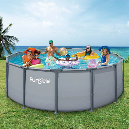 Funsicle Oasis Above Ground Metal Frame Swimming Pool Set – with FB1200S AutoSkimmer Pump, Ladder, Cover, Cloth & Deluxe Maint. Kit, 14′ x 48″, Round, Gray