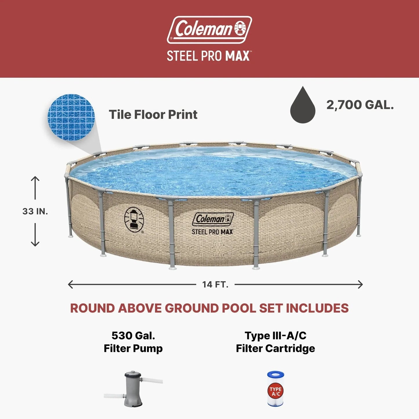 Coleman Steel Pro Max 14′ x 33″ Round Metal Frame Above Ground Pool Set