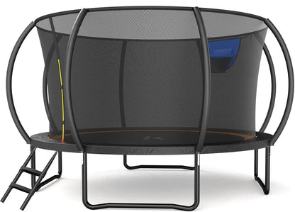 MERACH 14FT Pumpkin Outdoor Trampoline with Safety Enclosure Net, Basketball Hoop & Ladder, Heavy Duty Backyard Trampoline for Kids & Adults