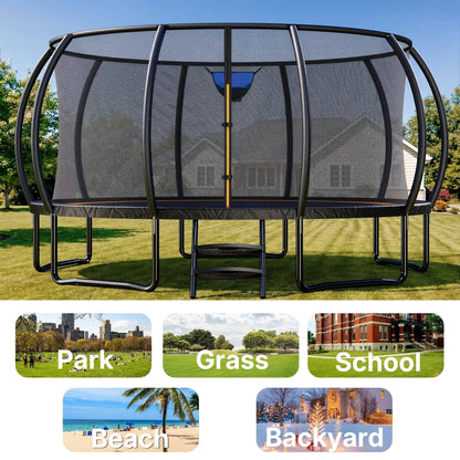 MERACH 14FT Pumpkin Outdoor Trampoline with Safety Enclosure Net, Basketball Hoop & Ladder, Heavy Duty Backyard Trampoline for Kids & Adults