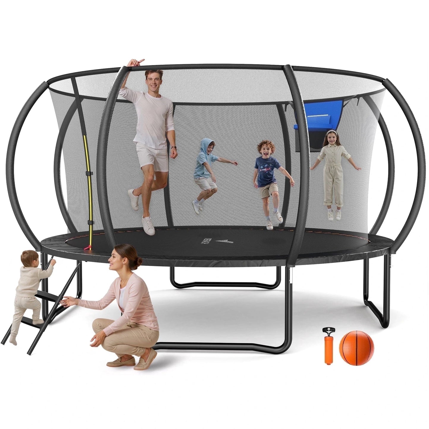 MERACH 14FT Pumpkin Outdoor Trampoline with Safety Enclosure Net, Basketball Hoop & Ladder, Heavy Duty Backyard Trampoline for Kids & Adults