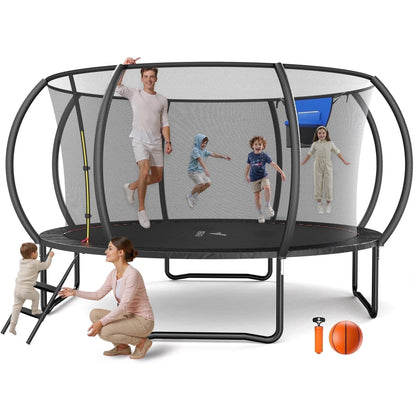 MERACH 14FT Pumpkin Outdoor Trampoline with Safety Enclosure Net, Basketball Hoop & Ladder, Heavy Duty Backyard Trampoline for Kids & Adults