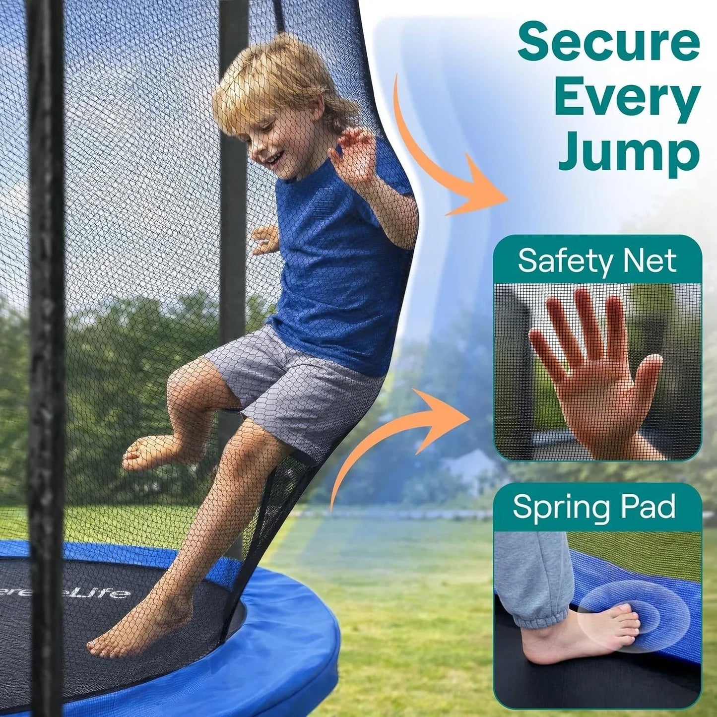 SereneLife 8FT 10FT 12FT 14FT Outdoor Trampoline for Kids – Recreational Backyard Trampoline with Curved Safety Poles and Net Enclosure- ASTM Approval for Kids Adults