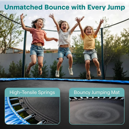 SereneLife 8FT 10FT 12FT 14FT Outdoor Trampoline for Kids – Recreational Backyard Trampoline with Curved Safety Poles and Net Enclosure- ASTM Approval for Kids Adults
