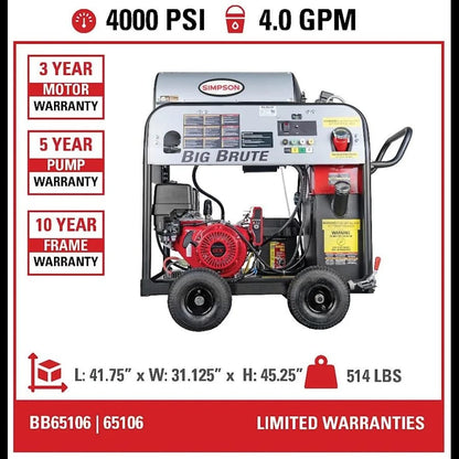 Simpson BB65106 Big Brute Professional 4000 PSI (Gas-Hot Water) Pressure Washer