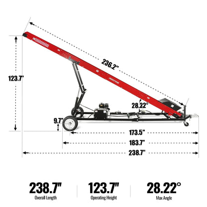 Firewood Conveyor, 7HP 212cc Gasoline Powered Max. 124″ Lift Height, 236” Length, 16″ Width, HC2016