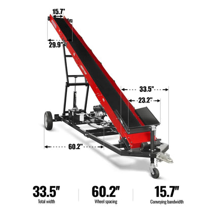 Firewood Conveyor, 7HP 212cc Gasoline Powered Max. 124″ Lift Height, 236” Length, 16″ Width, HC2016